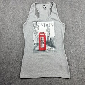 G by Guess London Graphic Women's M Racerback Tank Top Gray Red Telephone Booth